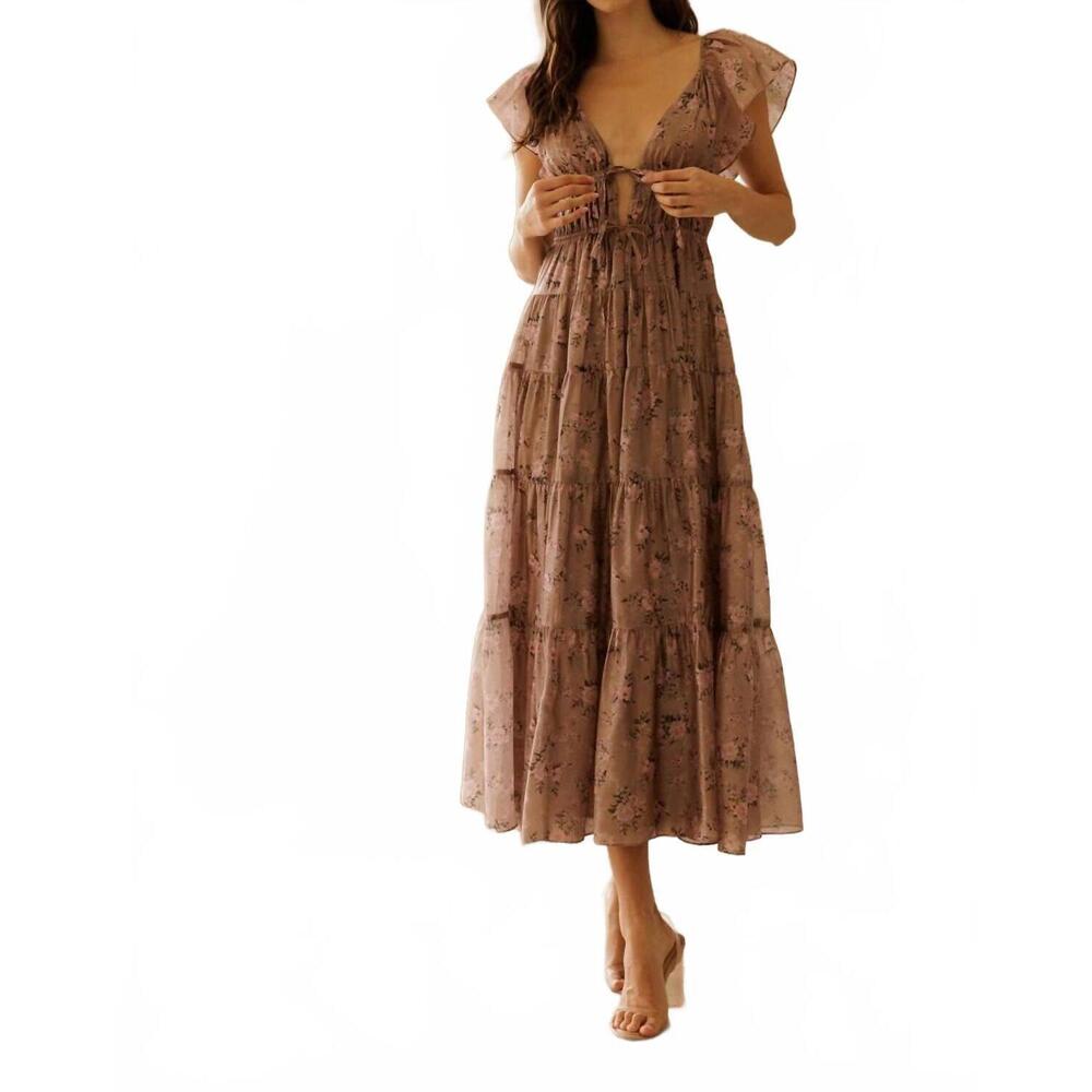 NEW STORIA tilly tie front midi dress in mauve floral - Picture 5 of 8